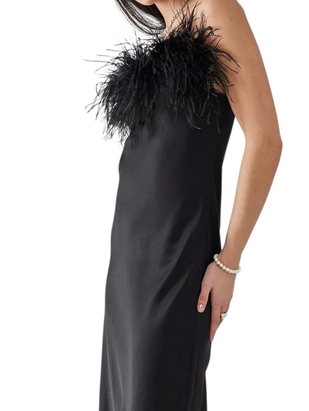 Sleeper Boheme Satin Midi Slip Dress Black Ostrich Feather Trim - Picture 2 of 12